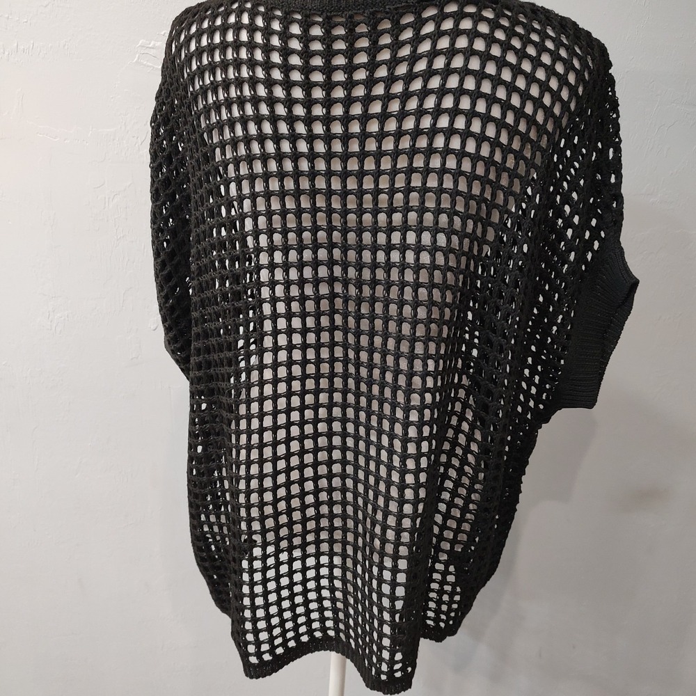 Crochet Oversized Black Top Sz XL Boho Cover Up Short Sleeve Lagenlook Casual - Picture 3 of 8